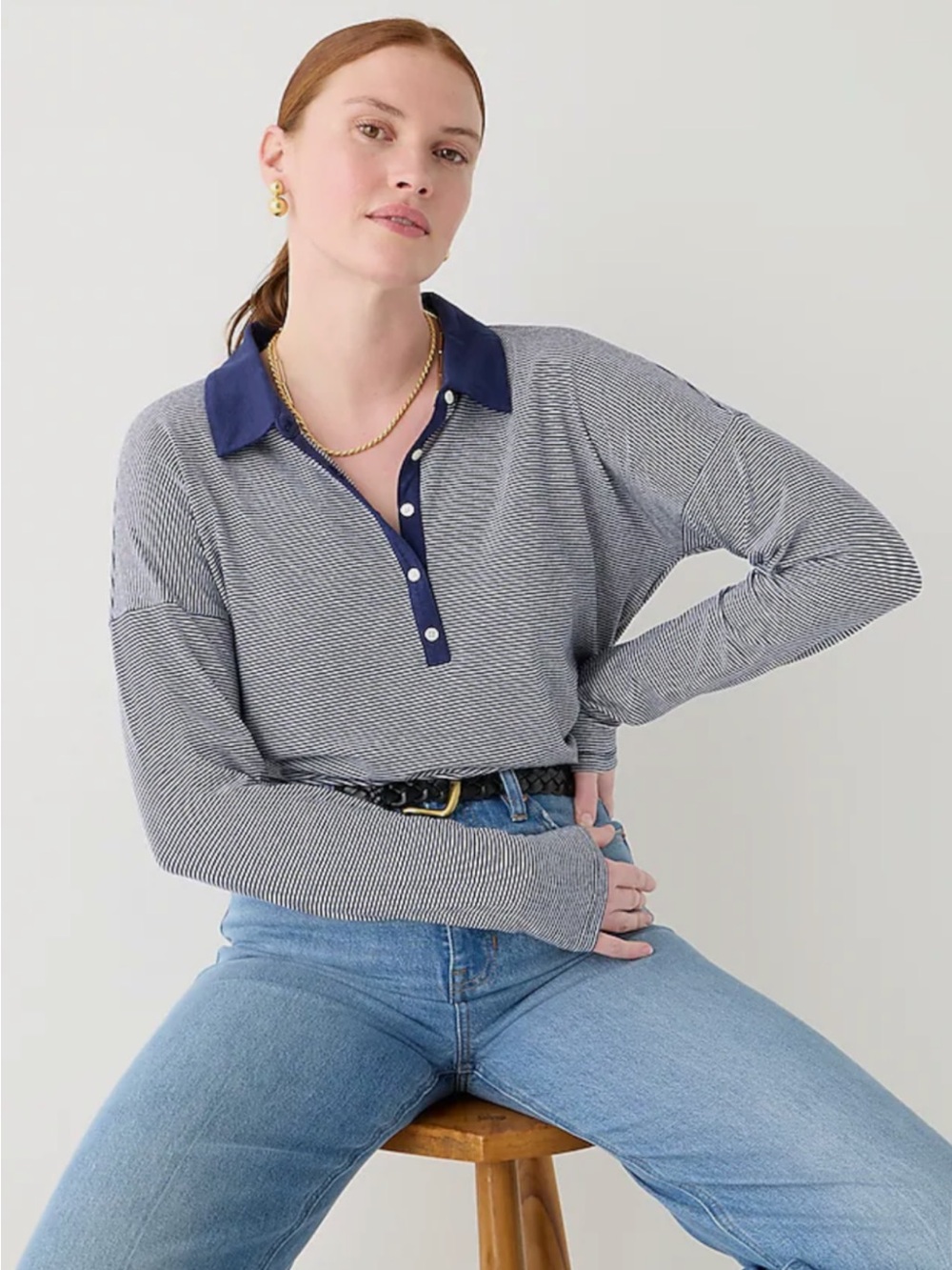 J. Crew Relaxed Long-Sleeve Stretch Linen Stripe Polo Shirt